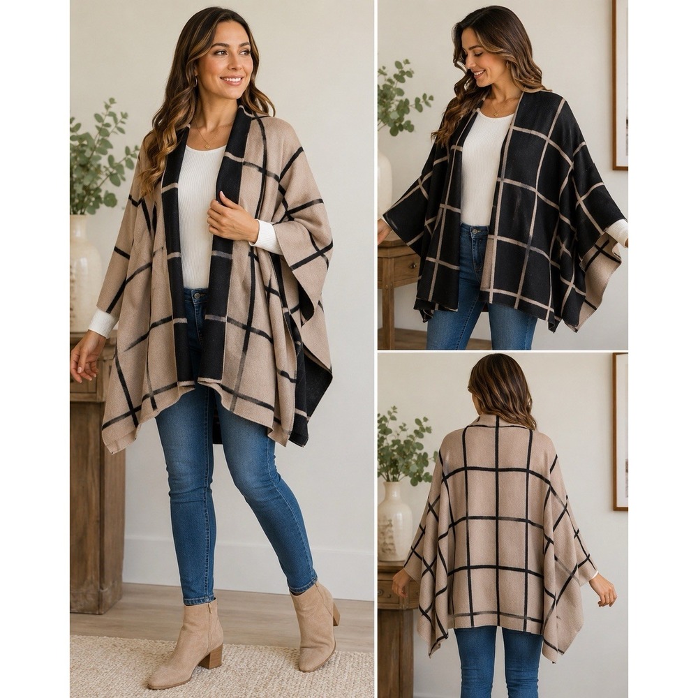 Moss Rose Reversible Plaid Poncho Wrap Shawl Cape Beige Black One Size NWT